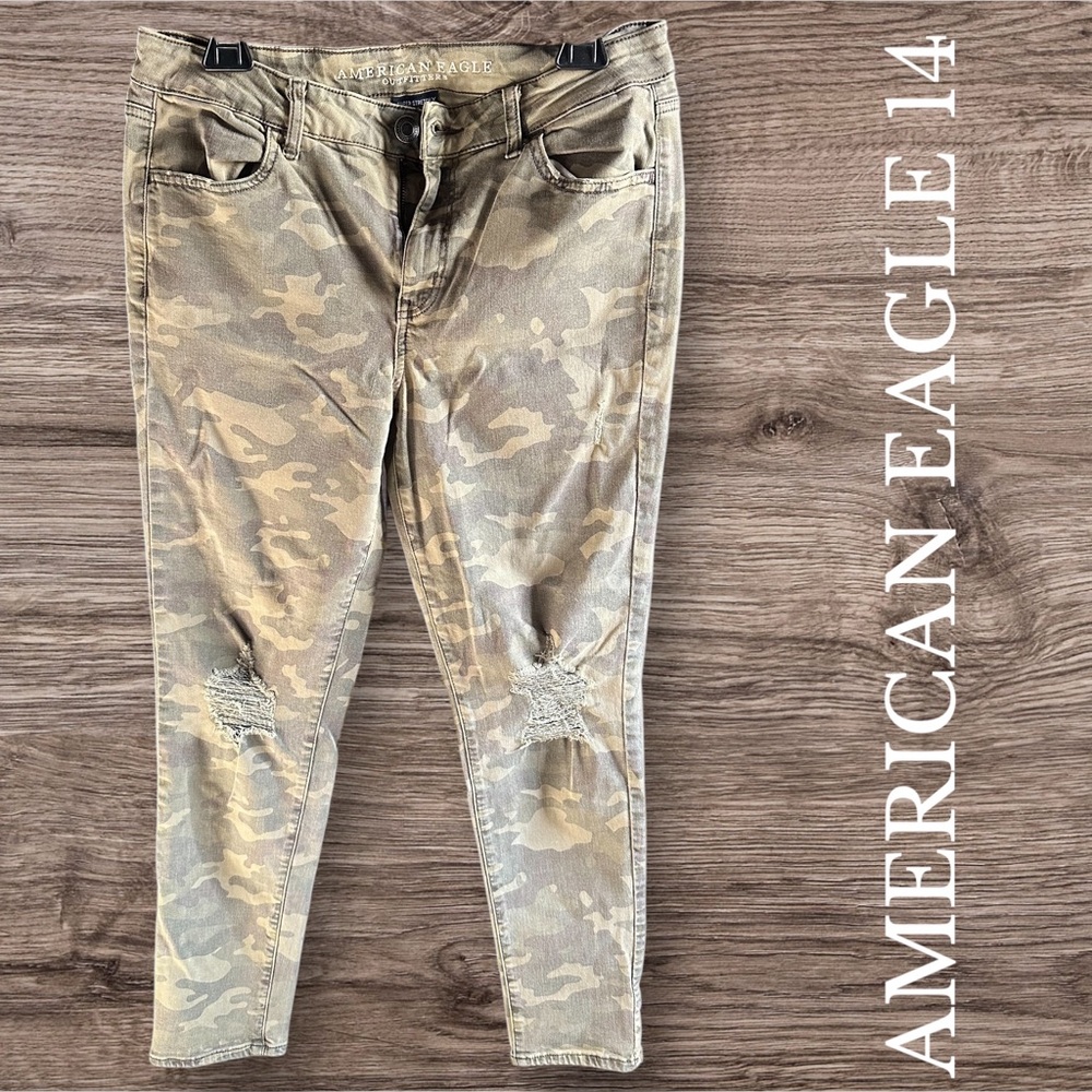 American Eagle - Women’s size 14 Distressed Camo Jeans